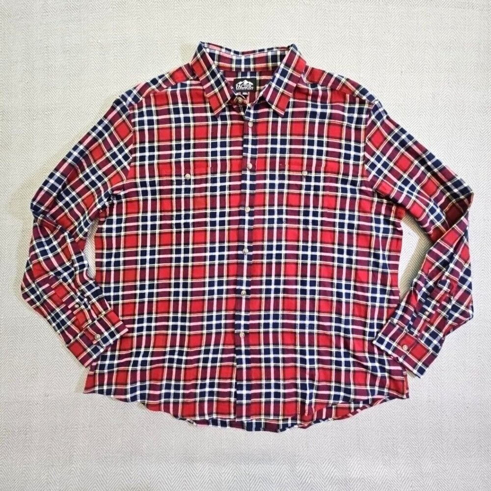 Pacific Outfitters Shirt Men's XXL Long Sleeve Button-Up Red &‎ Blue Flannel